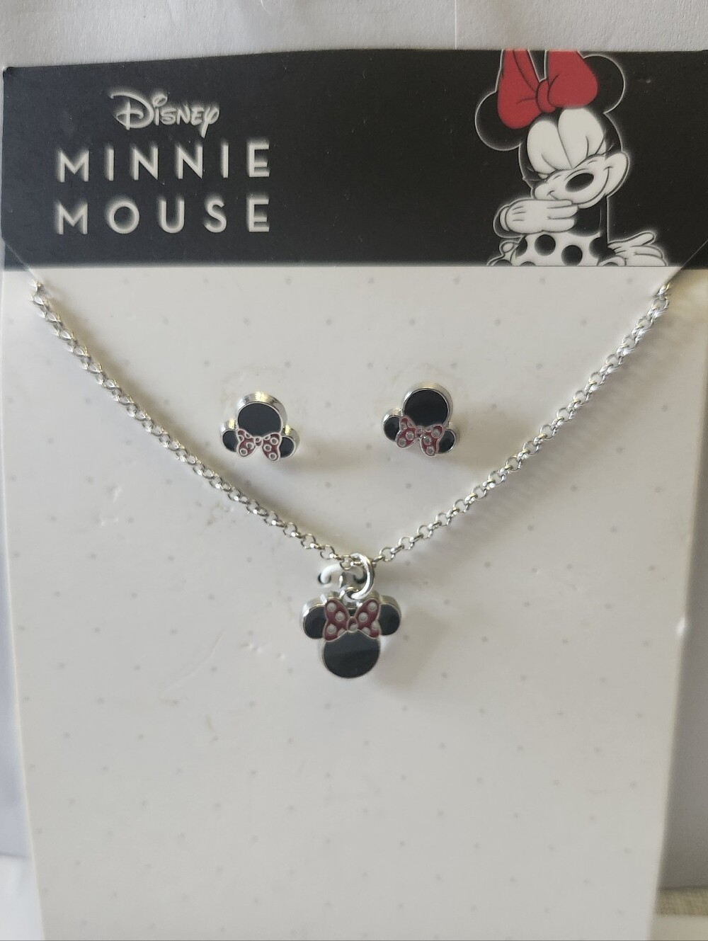 Disney Minnie Mouse Black and Red Pendant Necklace with Stud Earrings